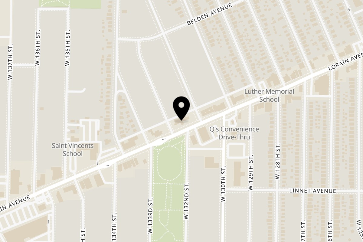 Map showing the location of Himalayan Restaurant on 13124 Lorain Ave in Cleveland